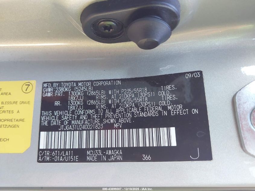 2004 Lexus Rx 330 VIN: JTJGA31U240021823 Lot: 43899307