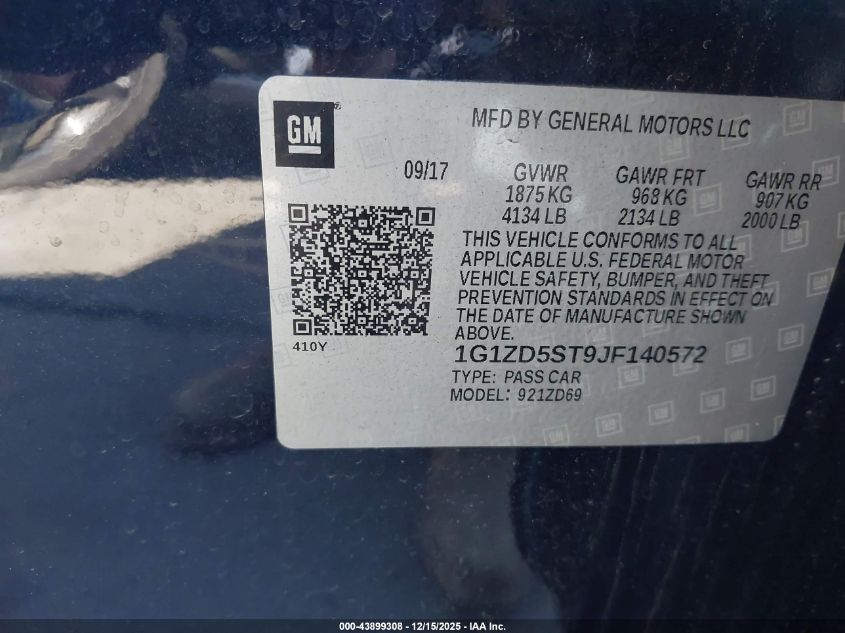 2018 Chevrolet Malibu Lt VIN: 1G1ZD5ST9JF140572 Lot: 43899308