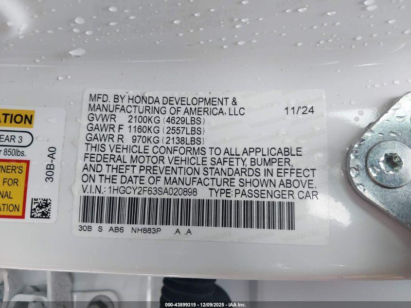 2025 Honda Accord Hybrid Ex-L VIN: 1HGCY2F63SA020898 Lot: 43899319