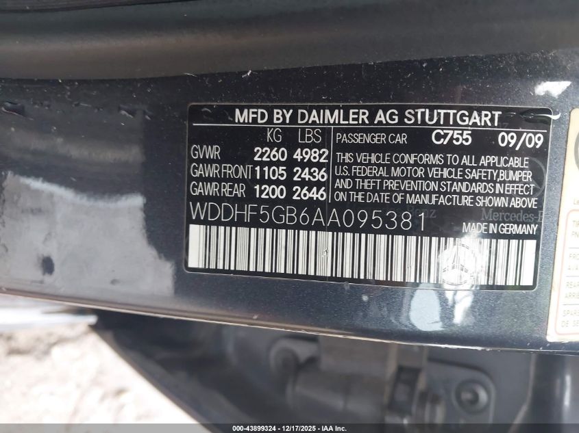 2010 Mercedes-Benz E 350 VIN: WDDHF5GB6AA095381 Lot: 43899324