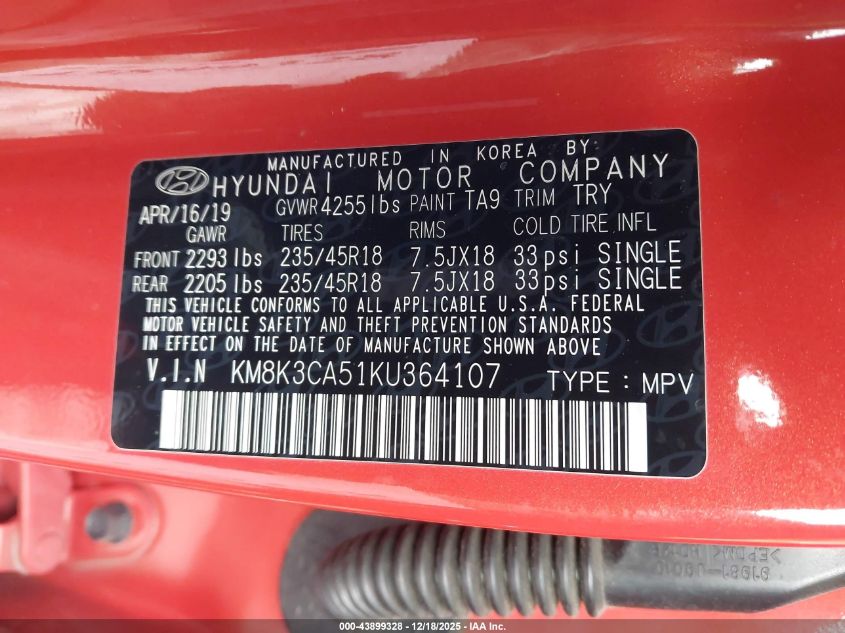 2019 Hyundai Kona Limited VIN: KM8K3CA51KU364107 Lot: 43899328