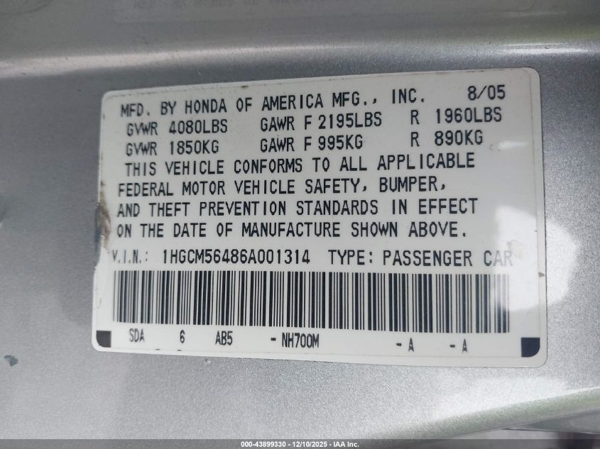 2006 Honda Accord 2.4 Lx VIN: 1HGCM56486A001314 Lot: 43899330