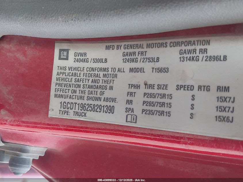 2005 Chevrolet Colorado VIN: 1GCDT196258291390 Lot: 43899333