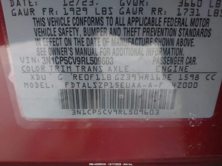 2024 Nissan Kicks Sv Xtronic Cvt VIN: 3N1CP5CV9RL509603 Lot: 43899335