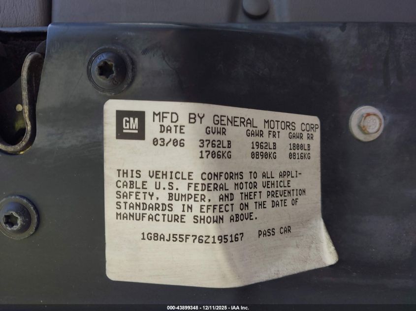 2006 Saturn Ion 2 VIN: 1G8AJ55F76Z195167 Lot: 43899348