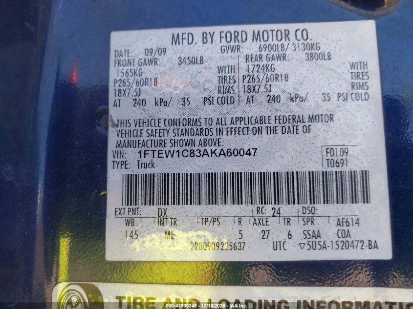 2010 Ford F-150 Fx2 Sport/Xl/Xlt VIN: 1FTEW1C83AKA60047 Lot: 43899349