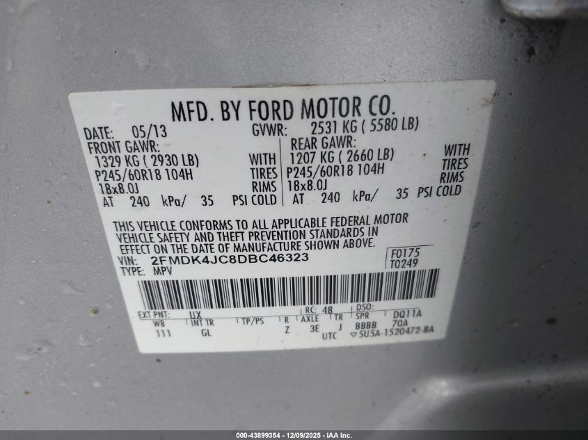 2013 Ford Edge Sel VIN: 2FMDK4JC8DBC46323 Lot: 43899354