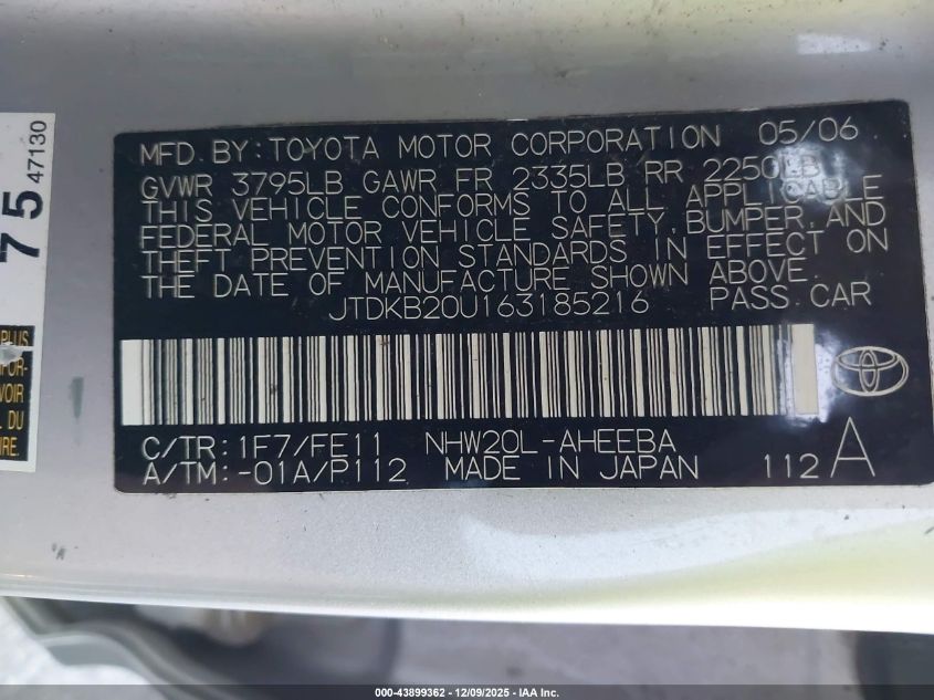 2006 Toyota Prius VIN: JTDKB20U163185216 Lot: 43899362