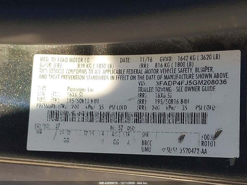 2016 Ford Fiesta Titanium VIN: 3FADP4FJ5GM208036 Lot: 43899378