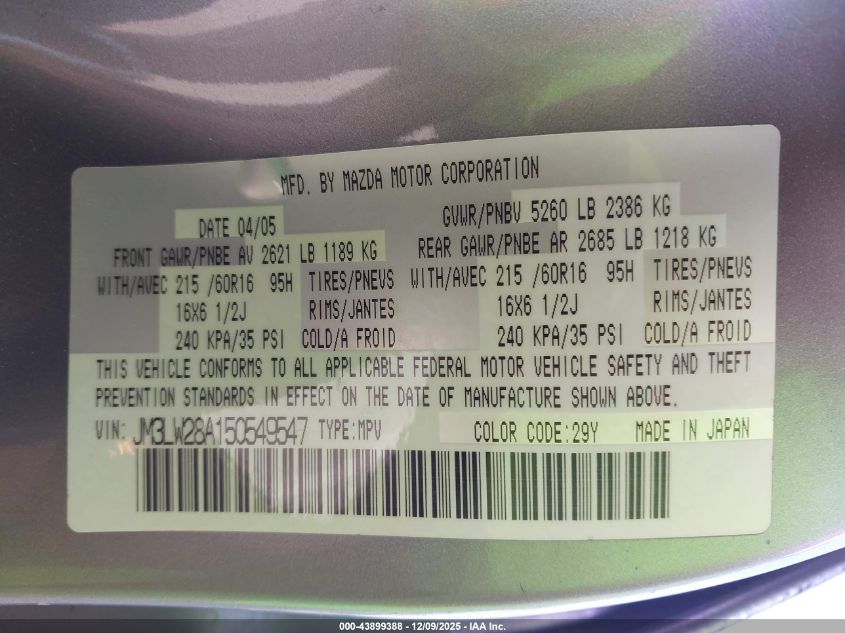 2005 Mazda Mpv Lx VIN: JM3LW28A150549547 Lot: 43899388