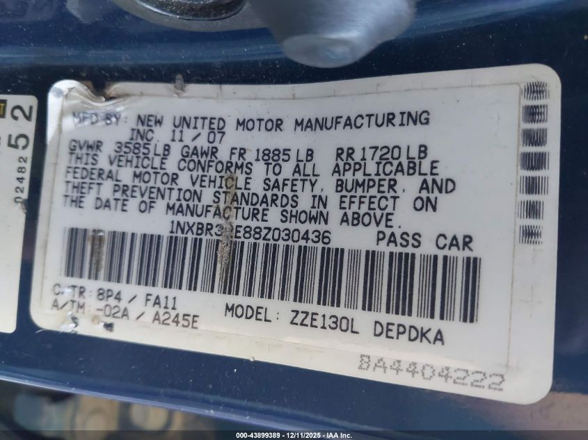 2008 Toyota Corolla Ce VIN: 1NXBR32E88Z030436 Lot: 43899389