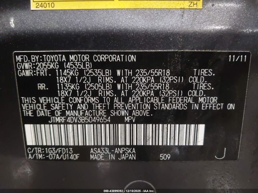 2011 Toyota Rav4 Sport VIN: JTMRF4DV3B5049654 Lot: 43899392