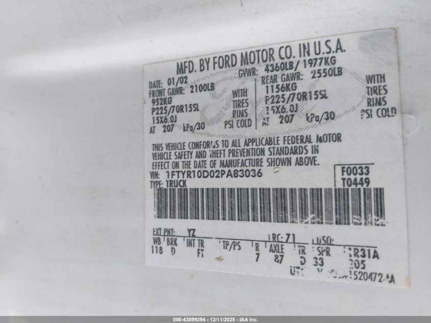 2002 Ford Ranger Xl/Xlt VIN: 1FTYR10D02PA83036 Lot: 43899394