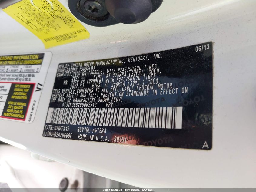 2013 Toyota Venza Le V6 VIN: 4T3ZK3BB2DU062549 Lot: 43899398