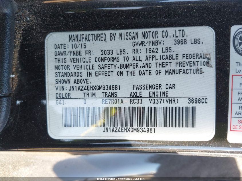 2016 Nissan 370Z Touring VIN: JN1AZ4EHXGM934981 Lot: 43899401