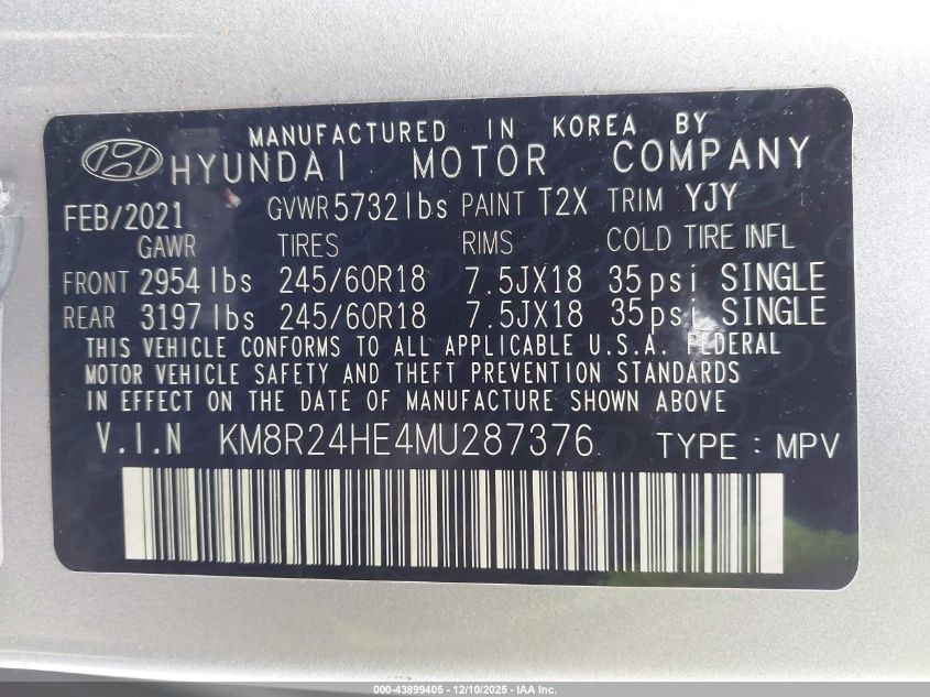 2021 Hyundai Palisade Sel VIN: KM8R24HE4MU287376 Lot: 43899405