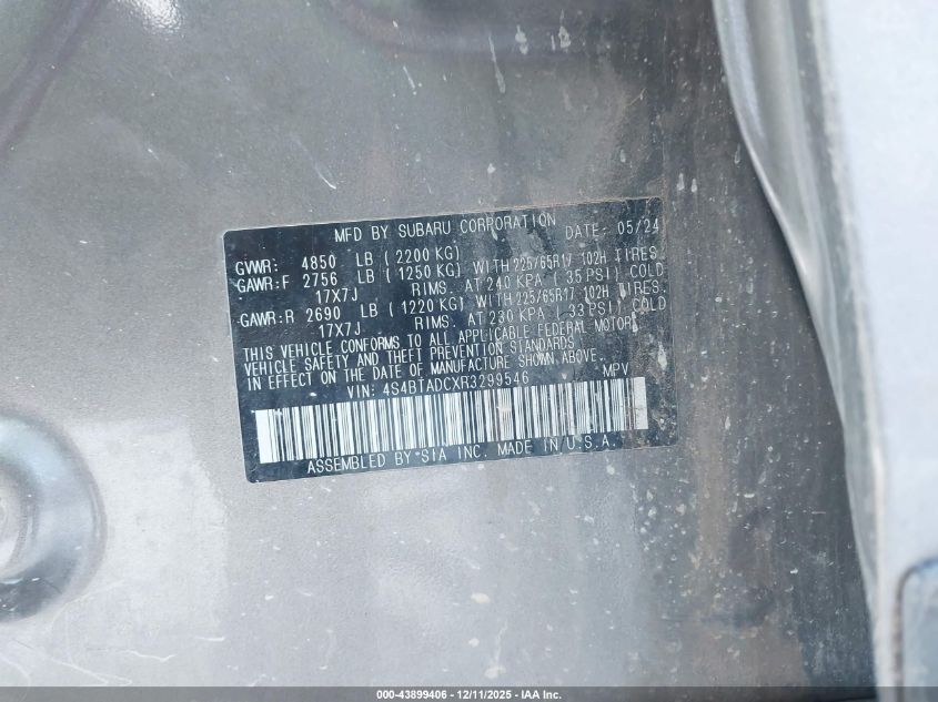2024 Subaru Outback Premium VIN: 4S4BTADCXR3299546 Lot: 43899406