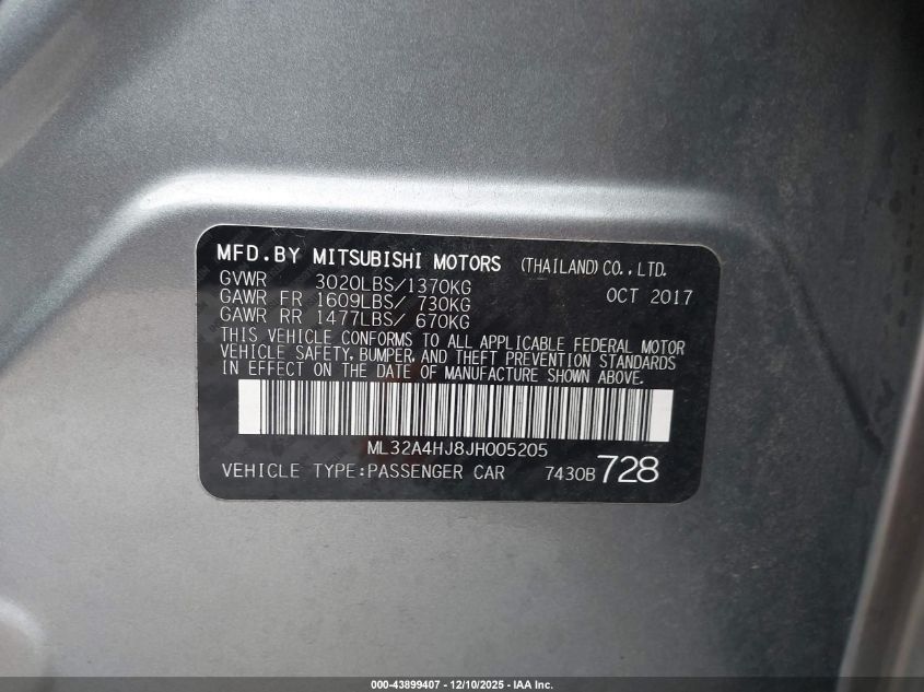 2018 Mitsubishi Mirage Se VIN: ML32A4HJ8JH005205 Lot: 43899407