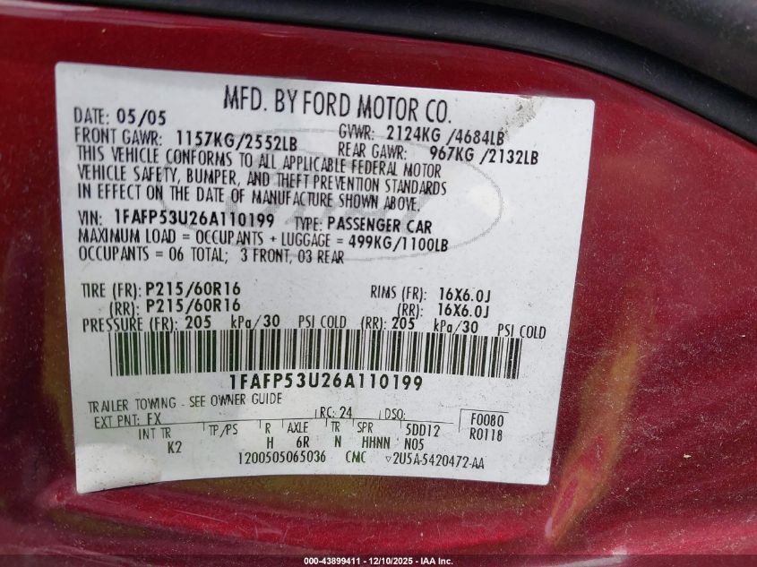 2006 Ford Taurus Se VIN: 1FAFP53U26A110199 Lot: 43899411