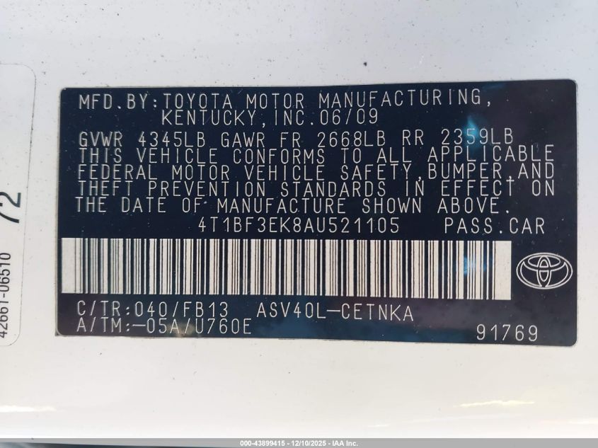 2010 Toyota Camry Le VIN: 4T1BF3EK8AU521105 Lot: 43899415