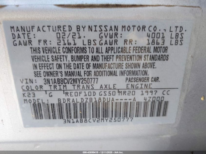 2021 Nissan Sentra Sv Xtronic Cvt VIN: 3N1AB8CV2MY250777 Lot: 43899419