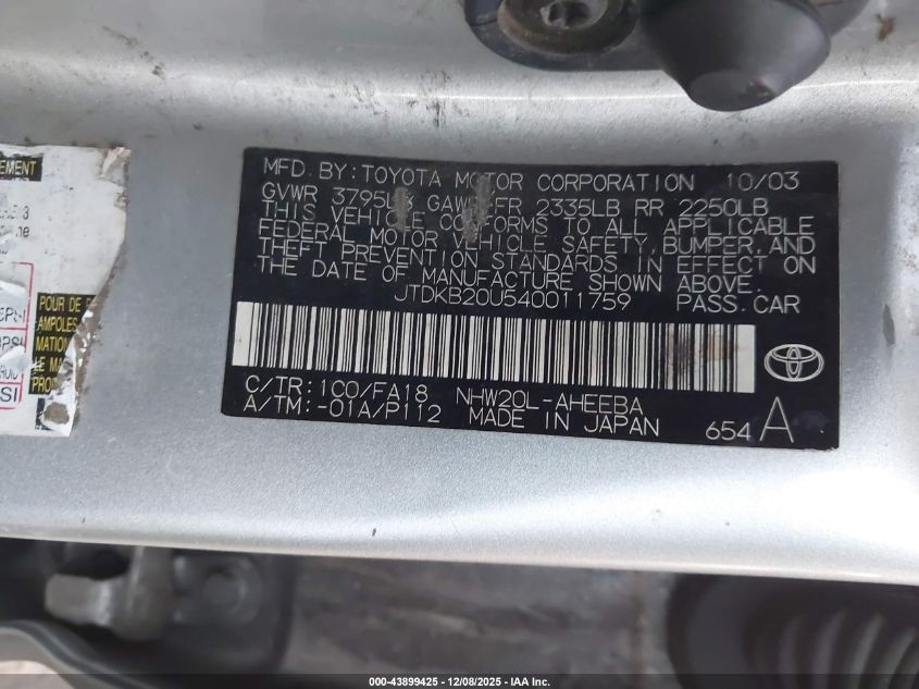 2004 Toyota Prius VIN: JTDKB20U540011759 Lot: 43899425