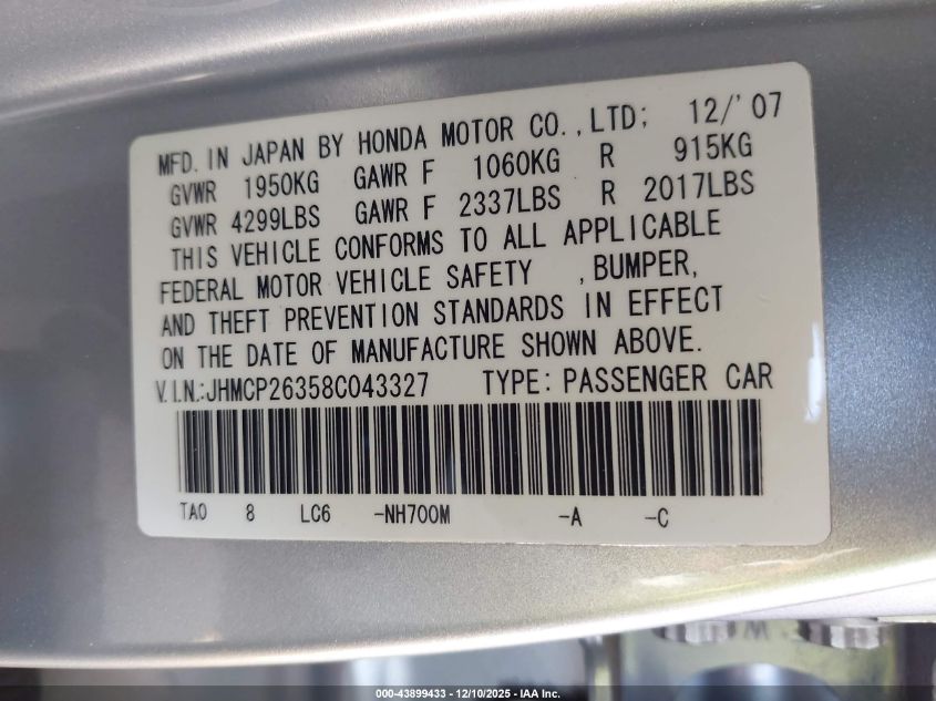 2008 Honda Accord 2.4 Lx VIN: JHMCP26358C043327 Lot: 43899433