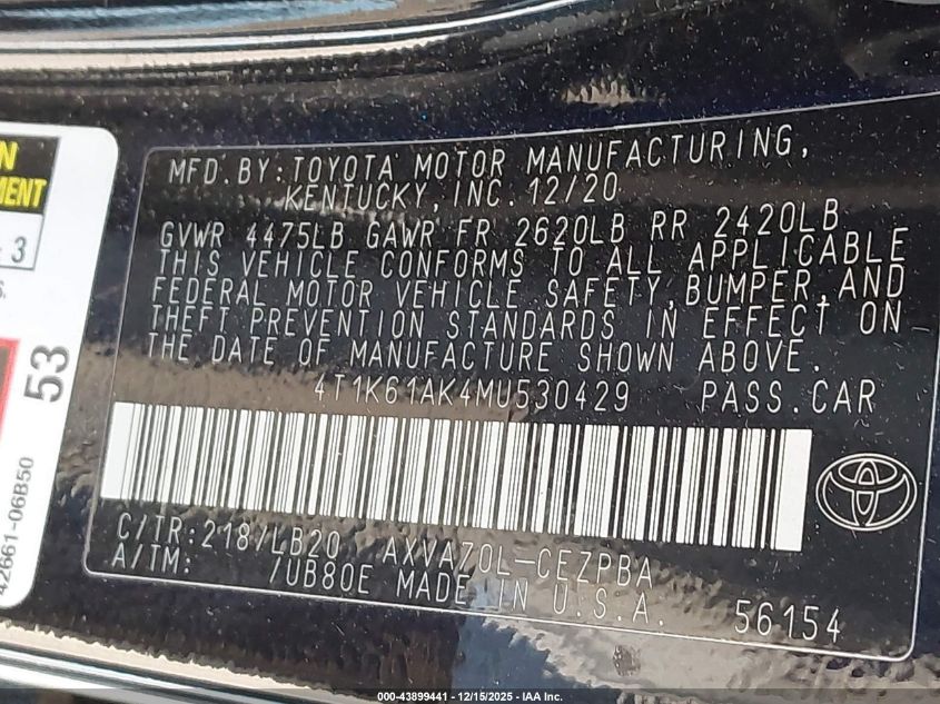 2021 Toyota Camry Xse VIN: 4T1K61AK4MU530429 Lot: 43899441