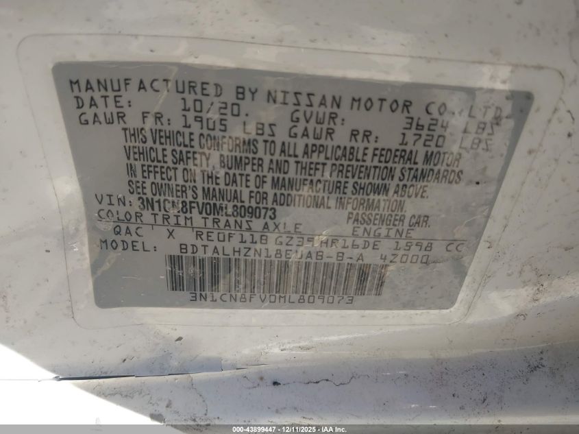 2021 Nissan Versa Sr Xtronic Cvt VIN: 3N1CN8FV0ML809073 Lot: 43899447