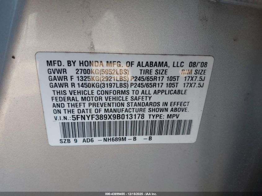 2009 Honda Pilot Touring VIN: 5FNYF389X9B013178 Lot: 43899455