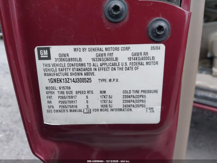 2004 Chevrolet Tahoe Lt VIN: 1GNEK13Z14J300525 Lot: 43899464