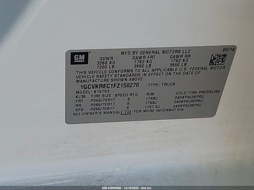 2015 Chevrolet Silverado 1500 1Lt VIN: 1GCVKREC1FZ158276 Lot: 43899465