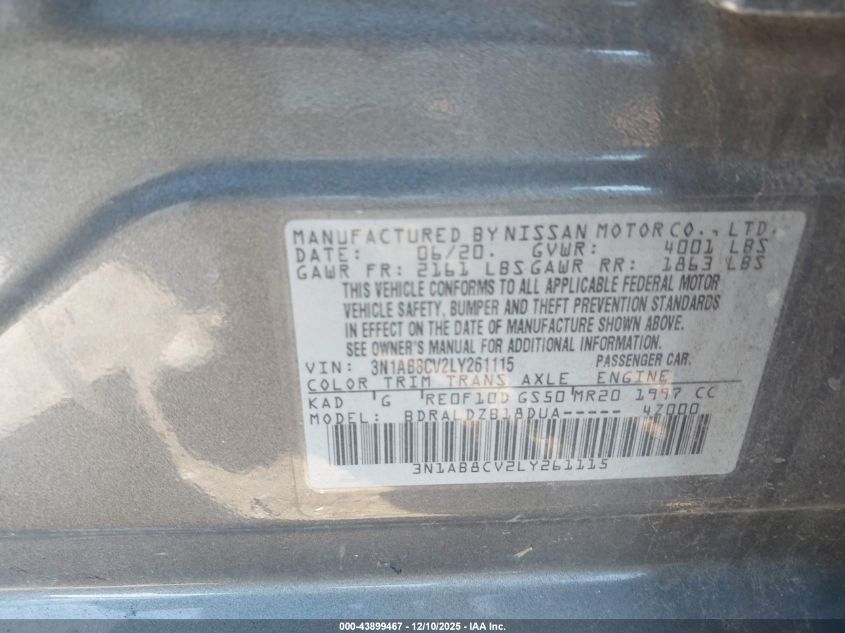 2020 Nissan Sentra Sv Xtronic Cvt VIN: 3N1AB8CV2LY261115 Lot: 43899467