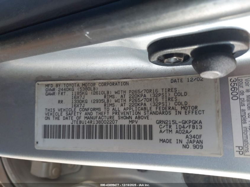 2003 Toyota 4Runner Sr5 Sport V6 VIN: JTEBU14R138002207 Lot: 43899477