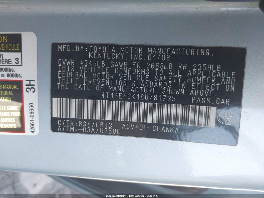 2008 Toyota Camry Le VIN: 4T1BE46K18U781735 Lot: 43899491