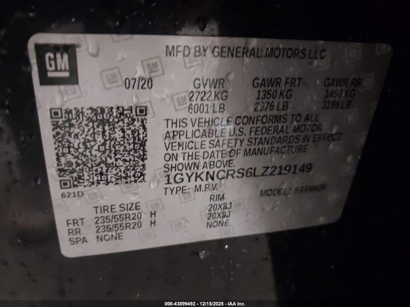 2020 Cadillac Xt5 Fwd Premium Luxury VIN: 1GYKNCRS6LZ219149 Lot: 43899492