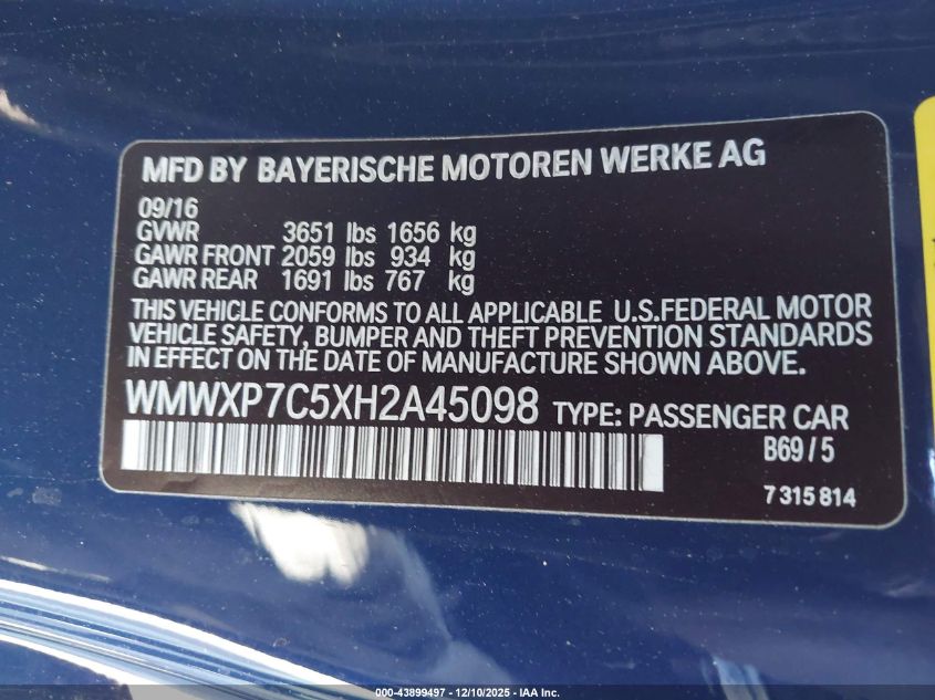 2017 Mini Hardtop Cooper S VIN: WMWXP7C5XH2A45098 Lot: 43899497