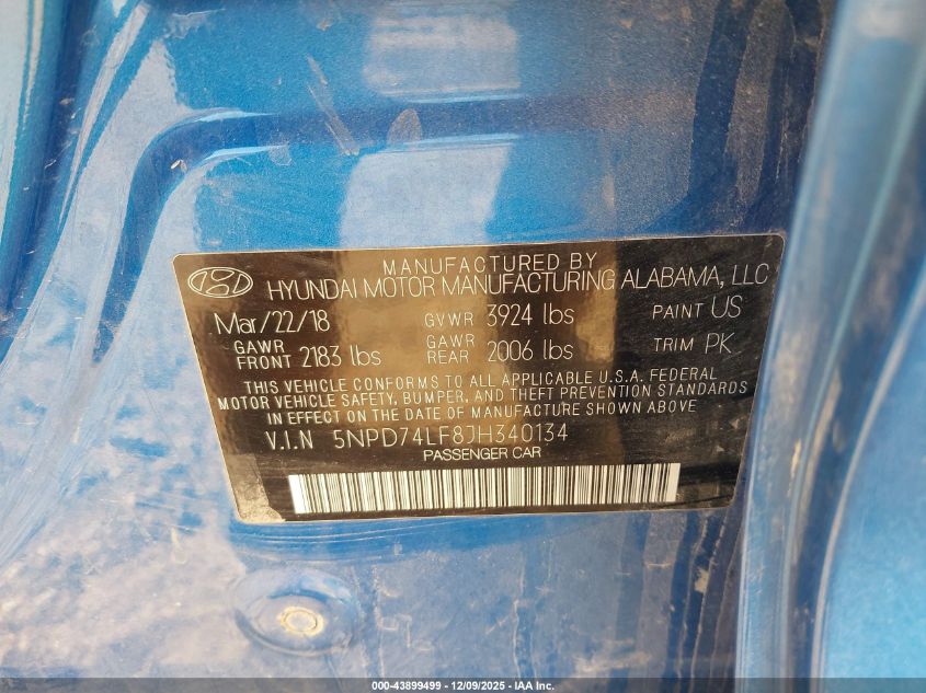 2018 Hyundai Elantra Se VIN: 5NPD74LF8JH340134 Lot: 43899499