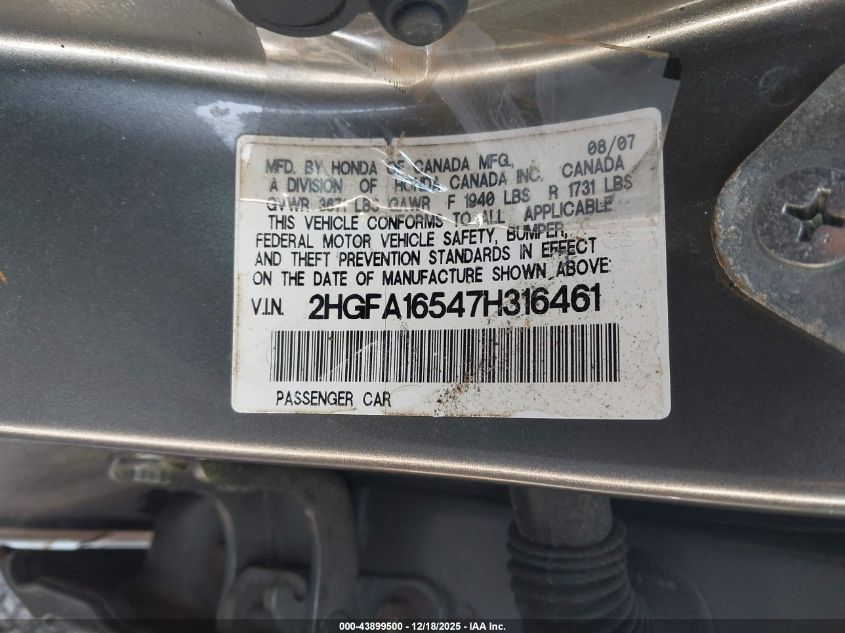 2007 Honda Civic Lx VIN: 2HGFA16547H316461 Lot: 43899500