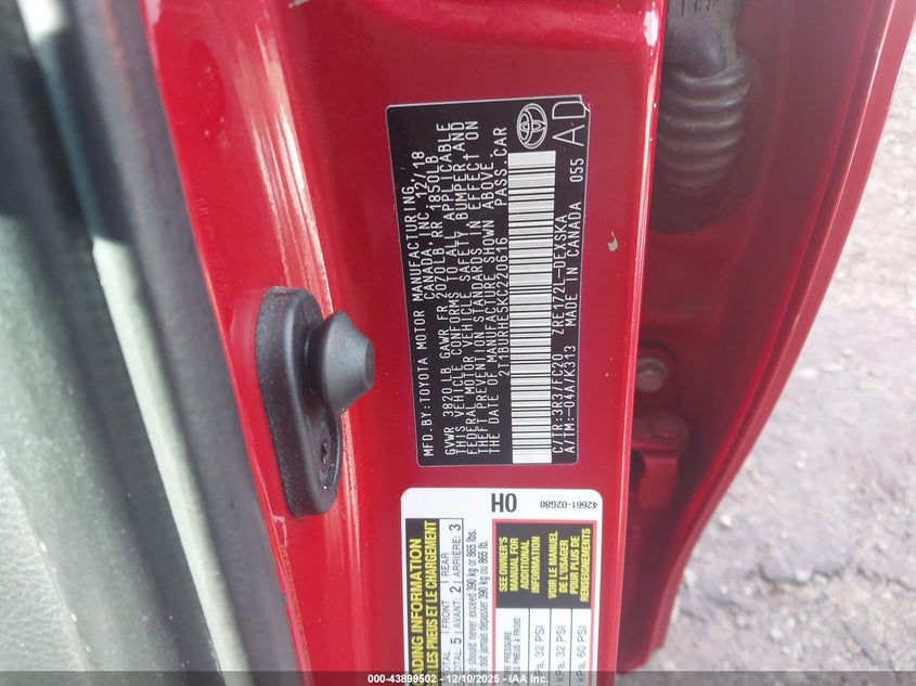 2019 Toyota Corolla Se VIN: 2T1BURHE5KC220616 Lot: 43899502