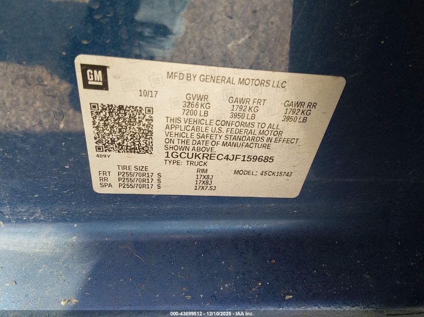 2018 Chevrolet Silverado 1500 1Lt VIN: 1GCUKREC4JF159685 Lot: 43899512