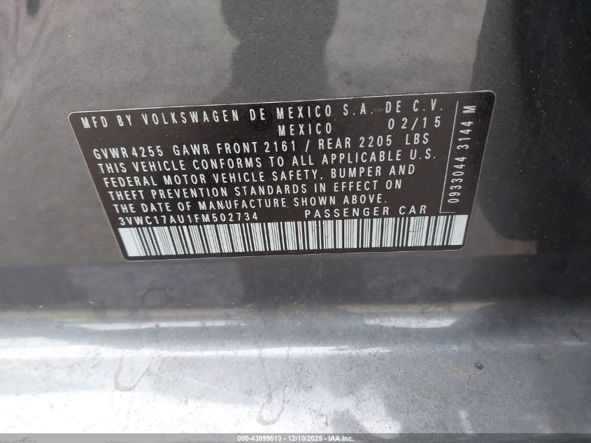 2015 Volkswagen Golf Sportwagen Tsi S 4-Door VIN: 3VWC17AU1FM502734 Lot: 43899513