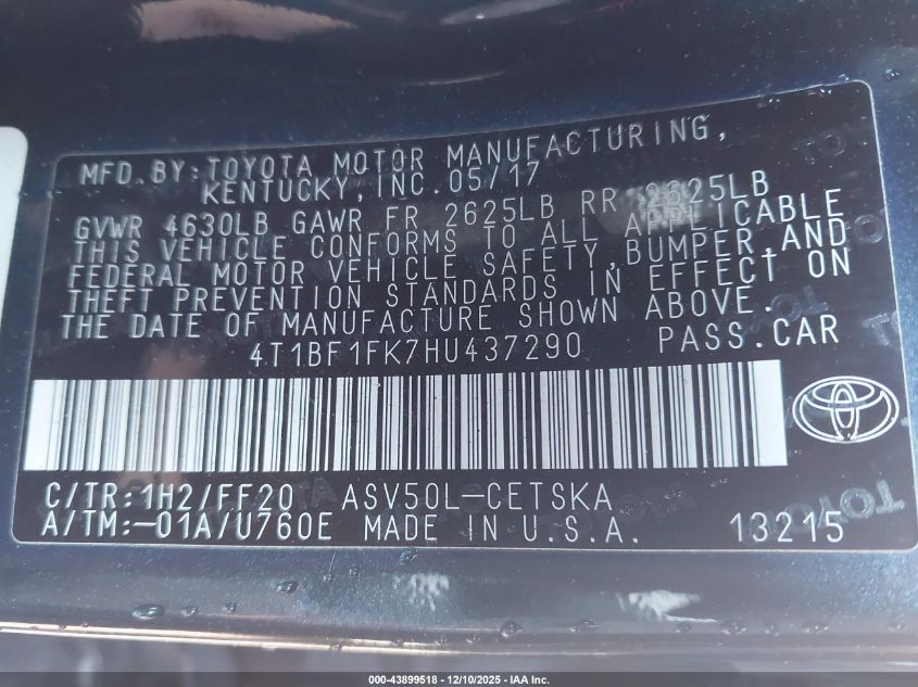 2017 Toyota Camry Se VIN: 4T1BF1FK7HU437290 Lot: 43899518