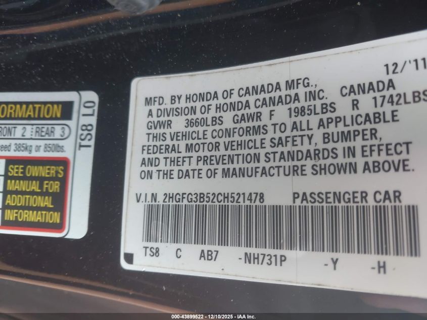 2012 Honda Civic Lx VIN: 2HGFG3B52CH521478 Lot: 43899522