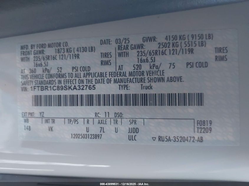 2025 Ford Transit-250 VIN: 1FTBR1C89SKA32765 Lot: 43899531