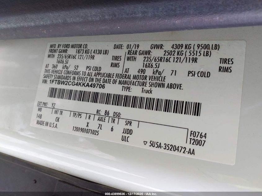 2019 Ford Transit-350 VIN: 1FTBW2CG4KKA49706 Lot: 43899536