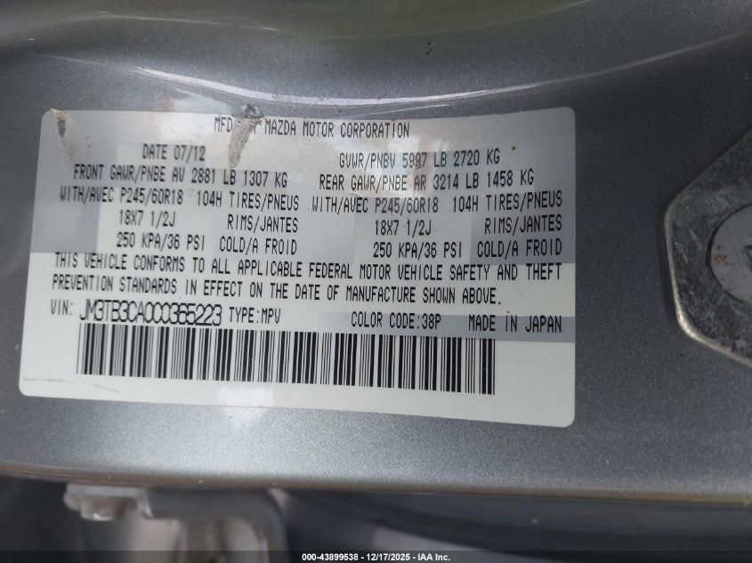 2012 Mazda Cx-9 Touring VIN: JM3TB3CA0C0365223 Lot: 43899538