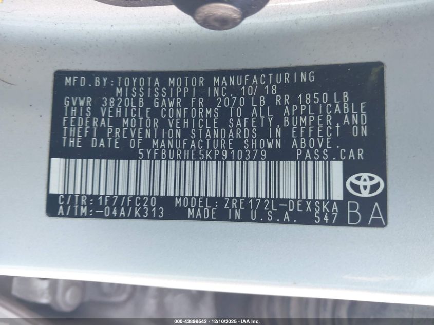 2019 Toyota Corolla Se VIN: 5YFBURHE5KP910379 Lot: 43899542