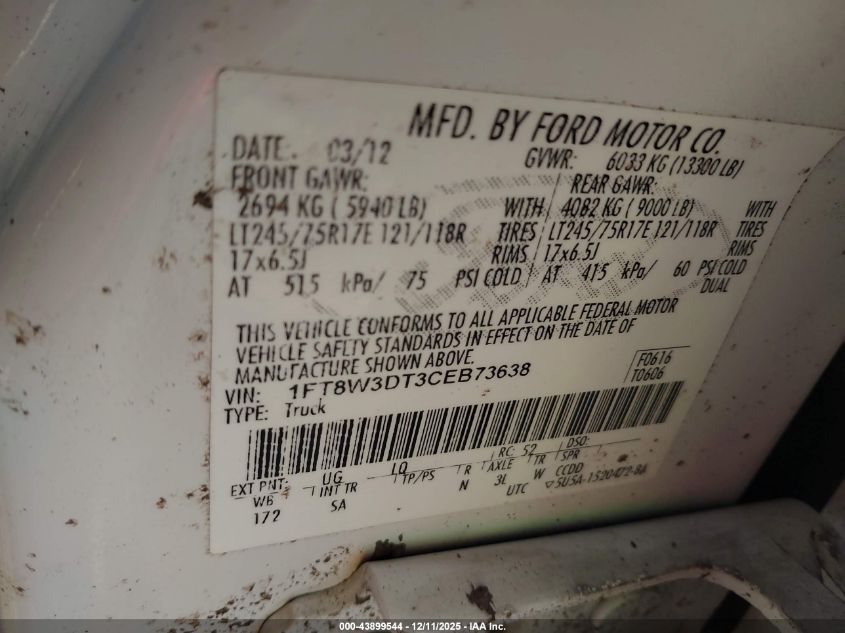 2012 Ford F-350 Lariat VIN: 1FT8W3DT3CEB73638 Lot: 43899544