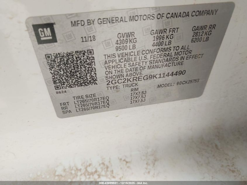 2019 Chevrolet Silverado 2500Hd Wt VIN: 2GC2KREG9K1144490 Lot: 43899551